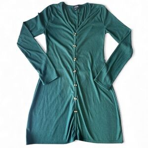 Justify Ribbed Button Front Bodycon Midi Dress Long Sleeve Green V-Neck M